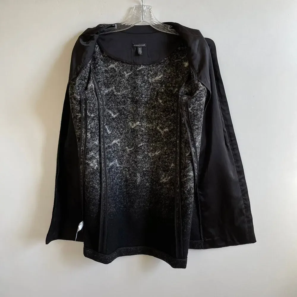 Eileen Fisher Black Sprinkle Felted Wool Silk Open Front Jacket
